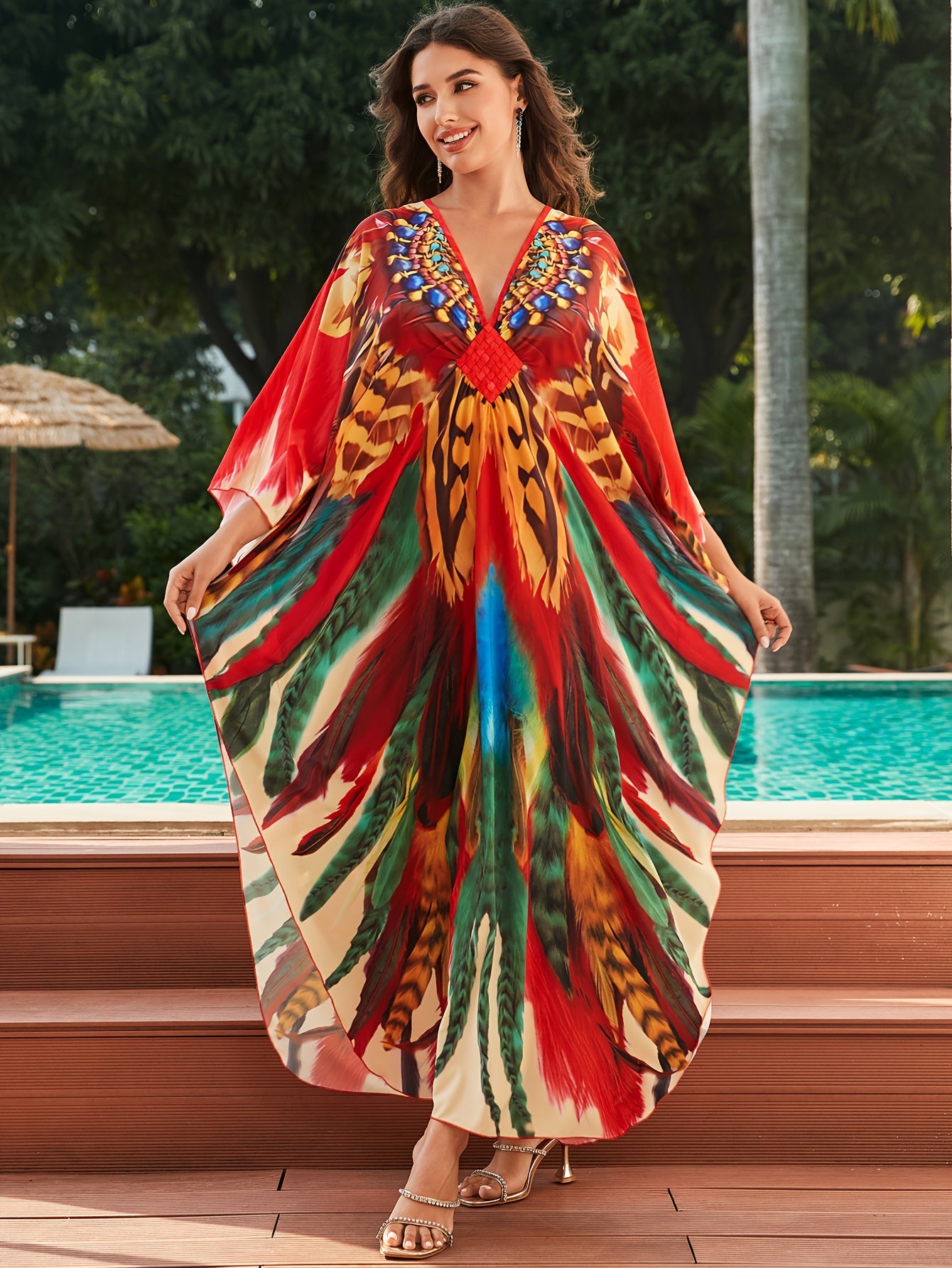 colorful printed women beach kaftans maxi dresses waved summer holiday bathing suits