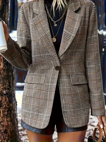 Women's Elegant Plaid Single-Button Design Blazer, Autumn-Winter Warm Commuter Office Casual Wear
