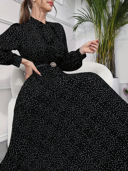 Pleated Allover Print Tie Neck Dress, Elegant Long Sleeve Dress For Spring & Fall, Women's Clothing