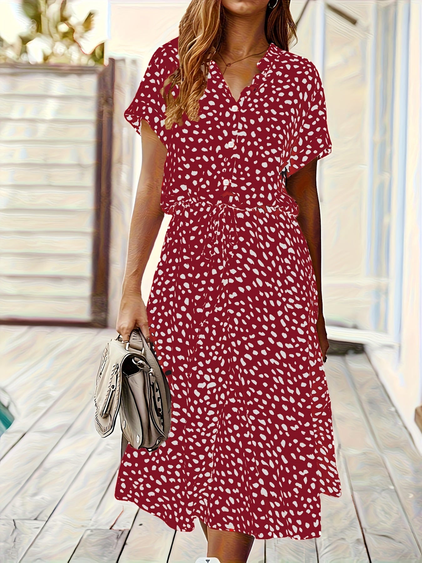 New Spring/Summer Printed Stud Button Decorated Shirt-Style Elegant Dress for Women