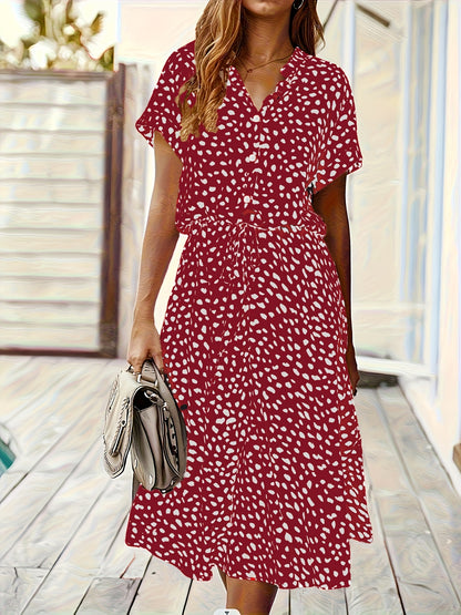 New Spring/Summer Printed Stud Button Decorated Shirt-Style Elegant Dress for Women