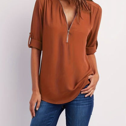 V-Neck Zipper Women'S Long-Sleeved Roll-Up Sleeve Loose Chiffon Shirt