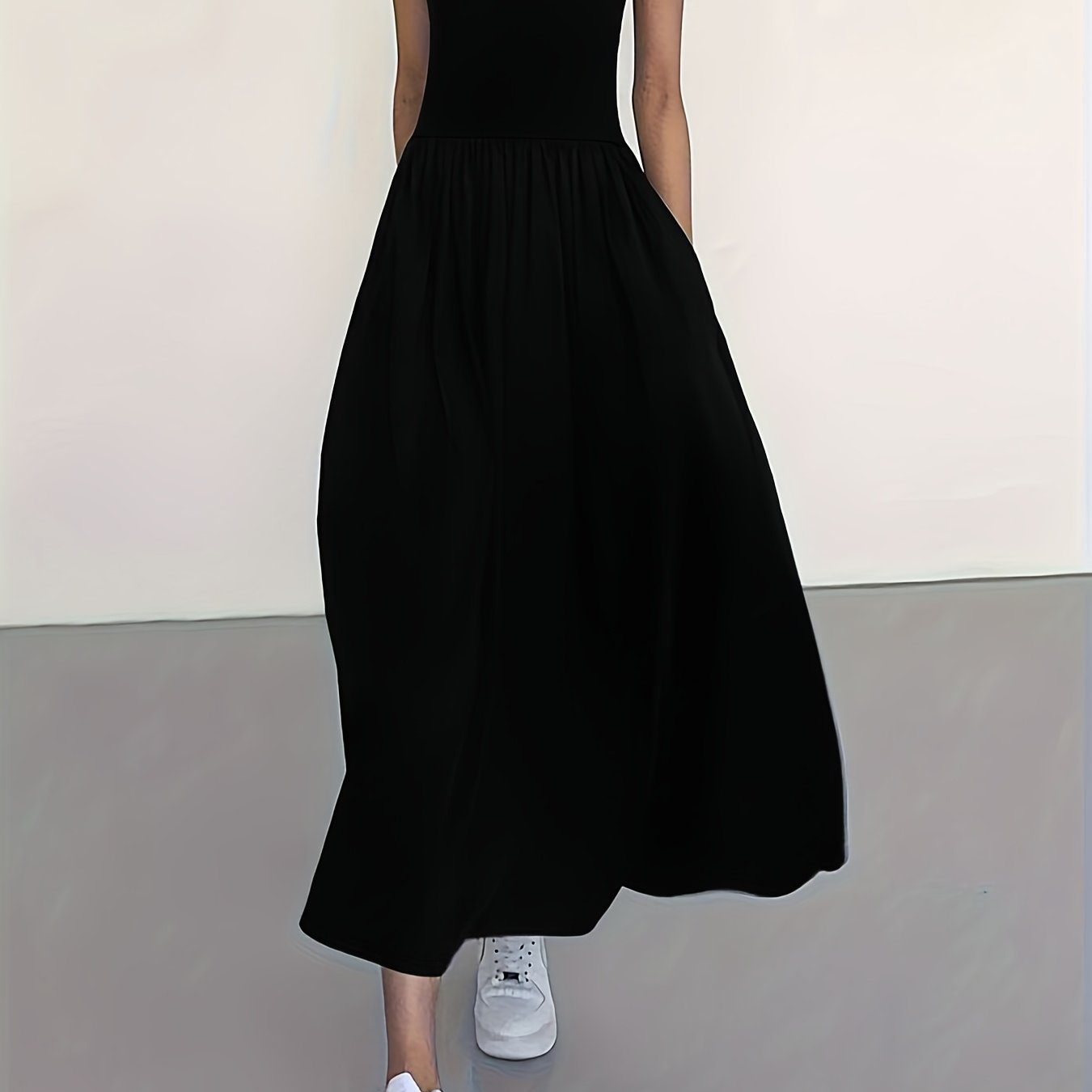 [Women's Midi Dress] Women's Casual Sleeveless Midi Dress - Round Neck, Solid Color, Pleated A-line Skirt, Suitable for All Seasons