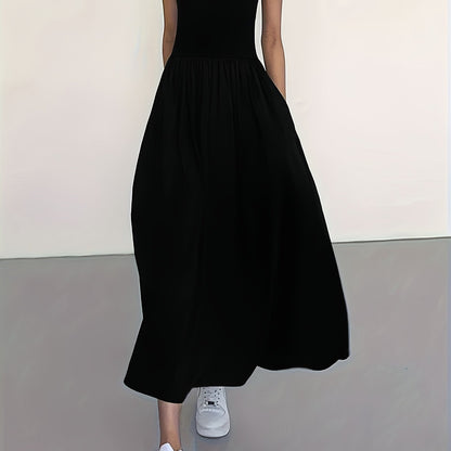 [Women's Midi Dress] Women's Casual Sleeveless Midi Dress - Round Neck, Solid Color, Pleated A-line Skirt, Suitable for All Seasons