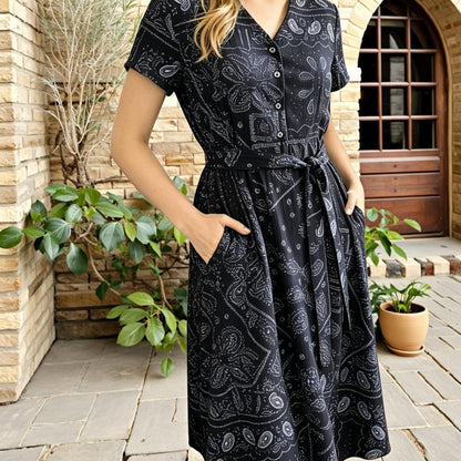[Vintage Midi Dress] Women's Vintage Blue Print Midi Dress - V-Neck Button Shirt Dress with Pockets & Belt - Casual Commute Vacation Wear for Ladies