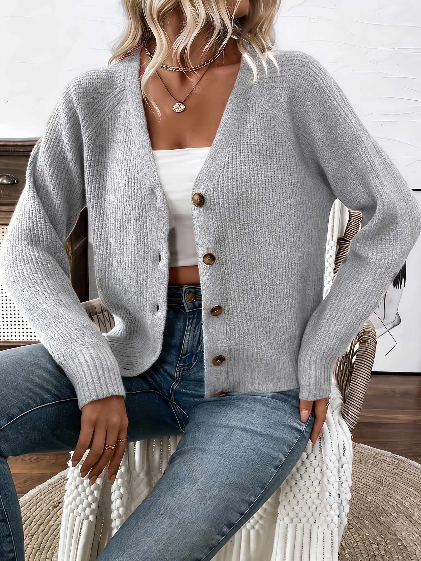 Elegant Sweater Top, V-Neck Cardigan, Chest Button Design, Short Length, Clothing