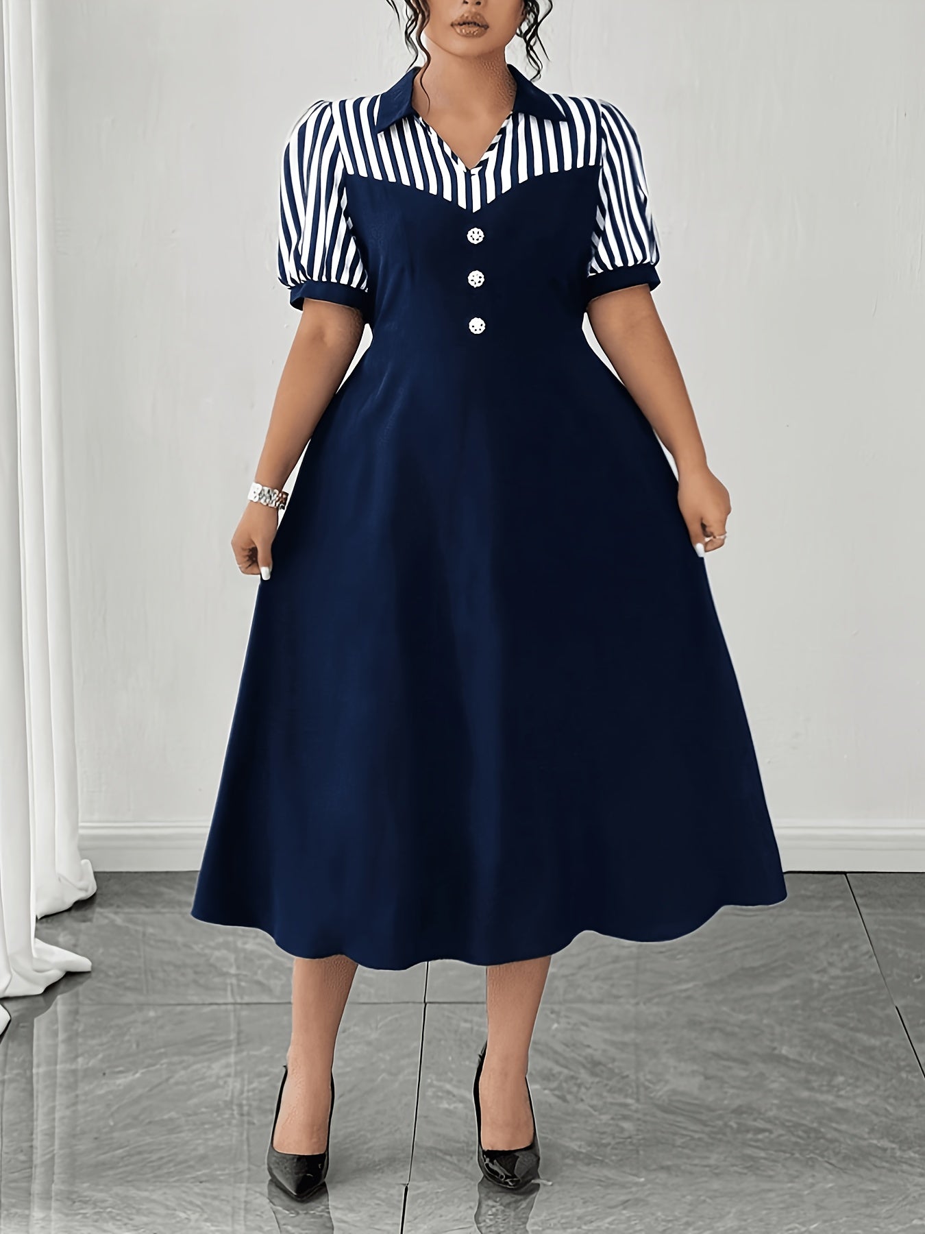 Plus Size Navy Striped Shirt Dress Retro Puff Sleeve V-Neck Midi Dress Women'S Elegant Commute A-Line Skirt