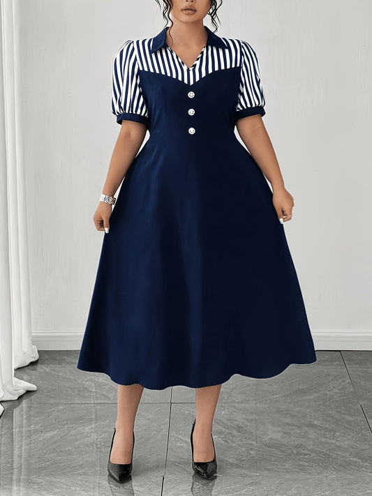 Elegant Navy Striped Midi Dress for Women with Collar V Neck Puff Sleeve A Line Style