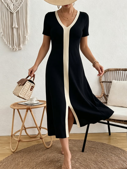 [French-Style V-Neck Dress] Women's French-Style V-Neck Dress - Short Sleeve Midi Dress with Slit Detail | Straight-Cut Office Dress for Commuting, Blouse-Compatible Solid Color Dress for Casual to Professional Wear
