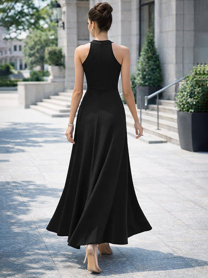 Women's Sleeveless Long Dress with High Neckline, High-waisted Cinched Cut, Side High Slit Hem Structure, and Flowing A-line Silhouette. Suitable for Banquets, Parties, and Formal Occasions