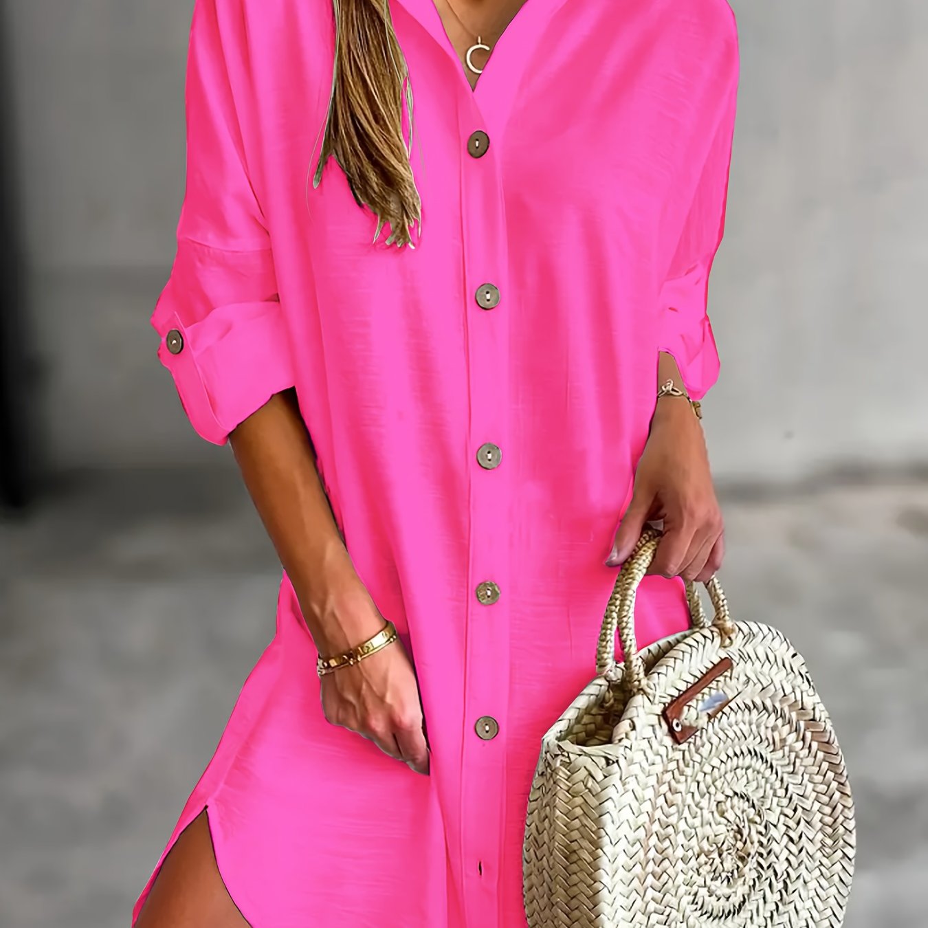 Chic Women's Long Sleeve Button-Up Shirt Dress - Casual Solid Color with Collar, Breathable Polyester, Perfect for Spring & Fall, Machine Washable