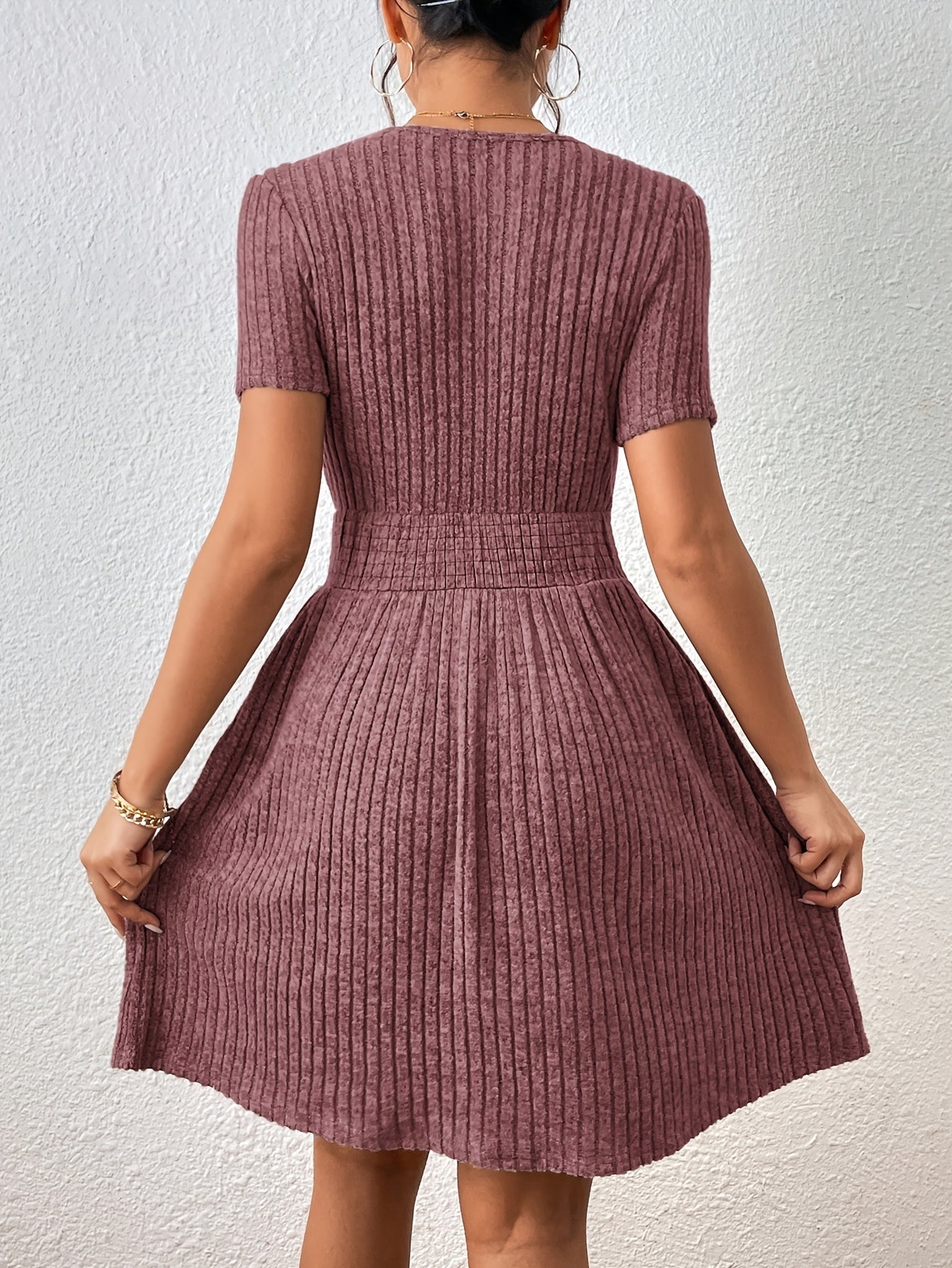 New Fashion Casual / Solid Color Ribbed / Waist-Knot A-Line Dress