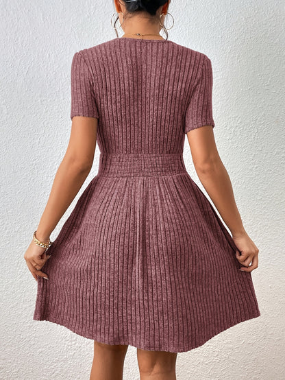 New Fashion Casual / Solid Color Ribbed / Waist-Knot A-Line Dress