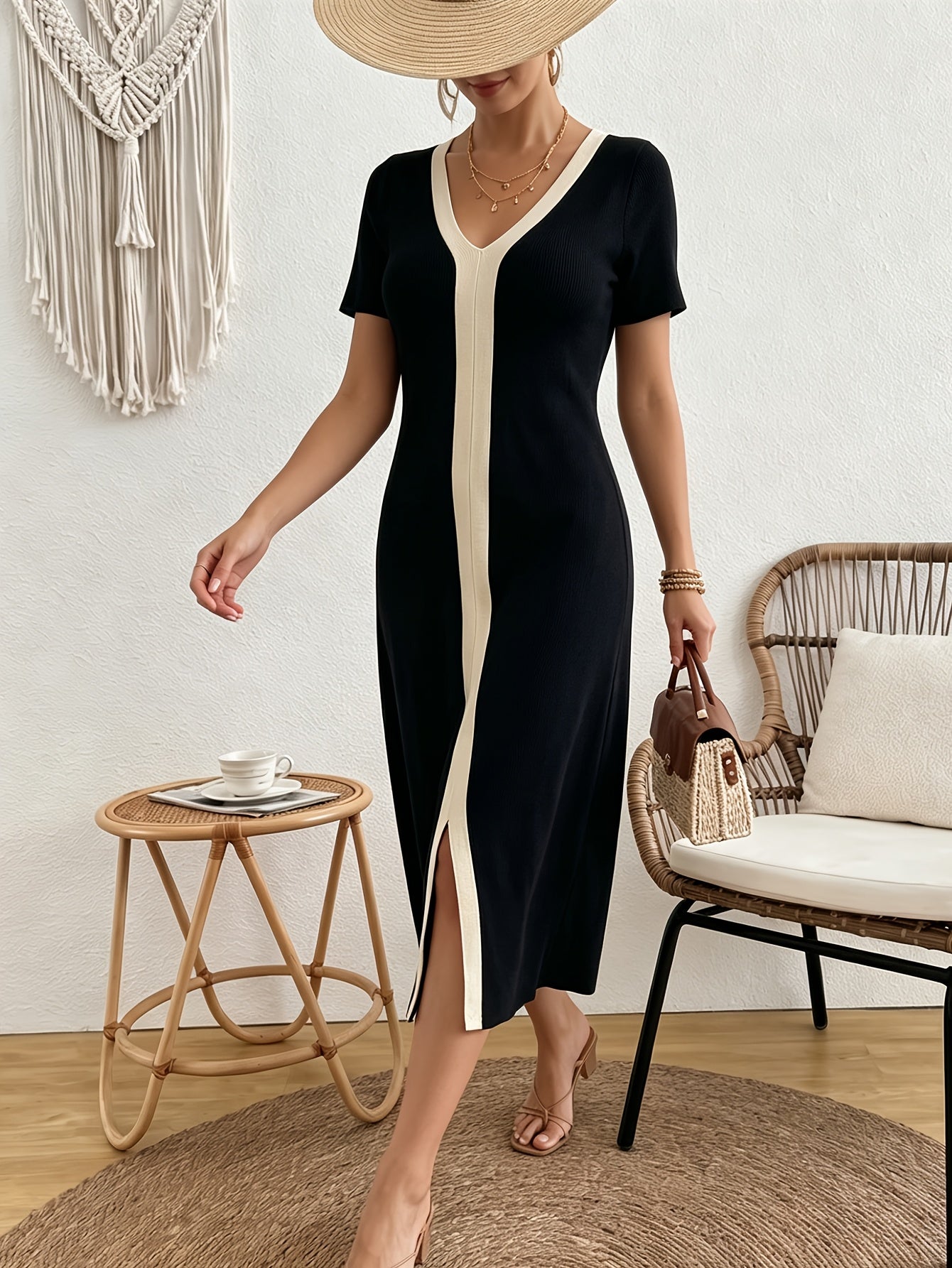 [French-Style V-Neck Dress] Women's French-Style V-Neck Dress - Short Sleeve Midi Dress with Slit Detail | Straight-Cut Office Dress for Commuting, Blouse-Compatible Solid Color Dress for Casual to Professional Wear