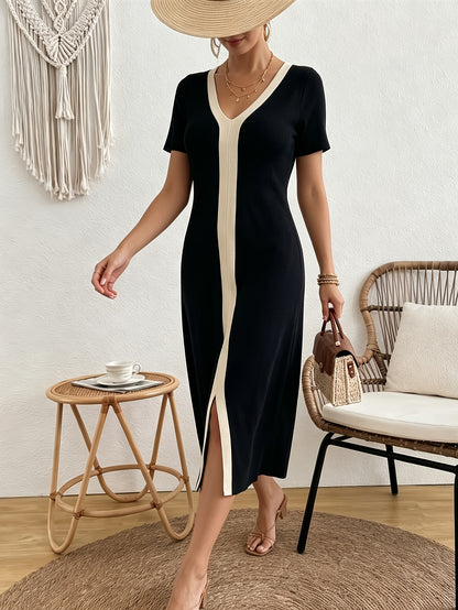 [French-Style V-Neck Dress] Women's French-Style V-Neck Dress - Short Sleeve Midi Dress with Slit Detail | Straight-Cut Office Dress for Commuting, Blouse-Compatible Solid Color Dress for Casual to Professional Wear