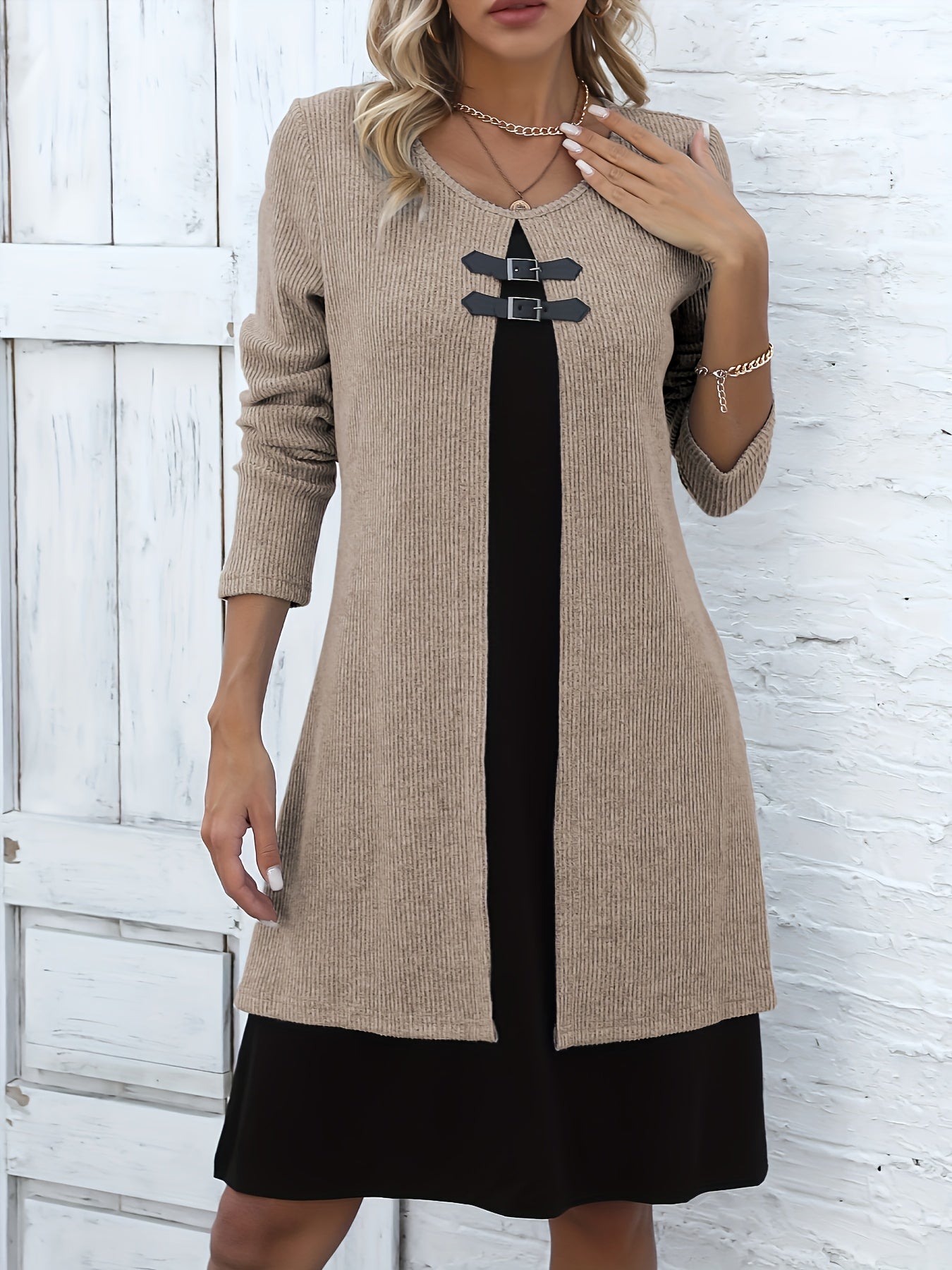 Autumn/Winter New Round Neck 2-in-1 Look Spliced Color-Block Women's Fashion Elegant Dress