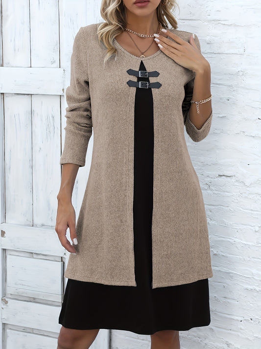 Autumn/Winter New Round Neck 2-in-1 Look Spliced Color-Block Women's Fashion Elegant Dress