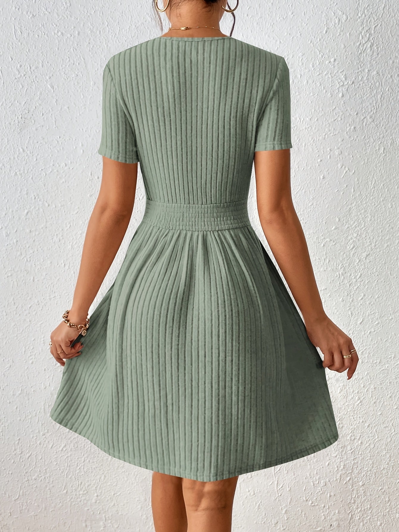 New Fashion Casual / Solid Color Ribbed / Waist-Knot A-Line Dress