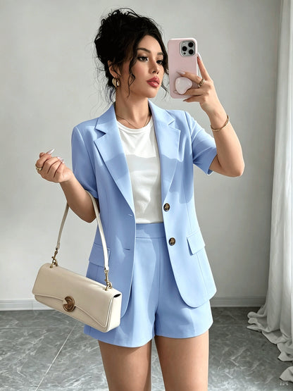 Elegant Casual Commuter Suit Set, Solid Color Short-Sleeve Blazer, Shorts/Wide-Leg Pants, Women's Spring/Summer Style