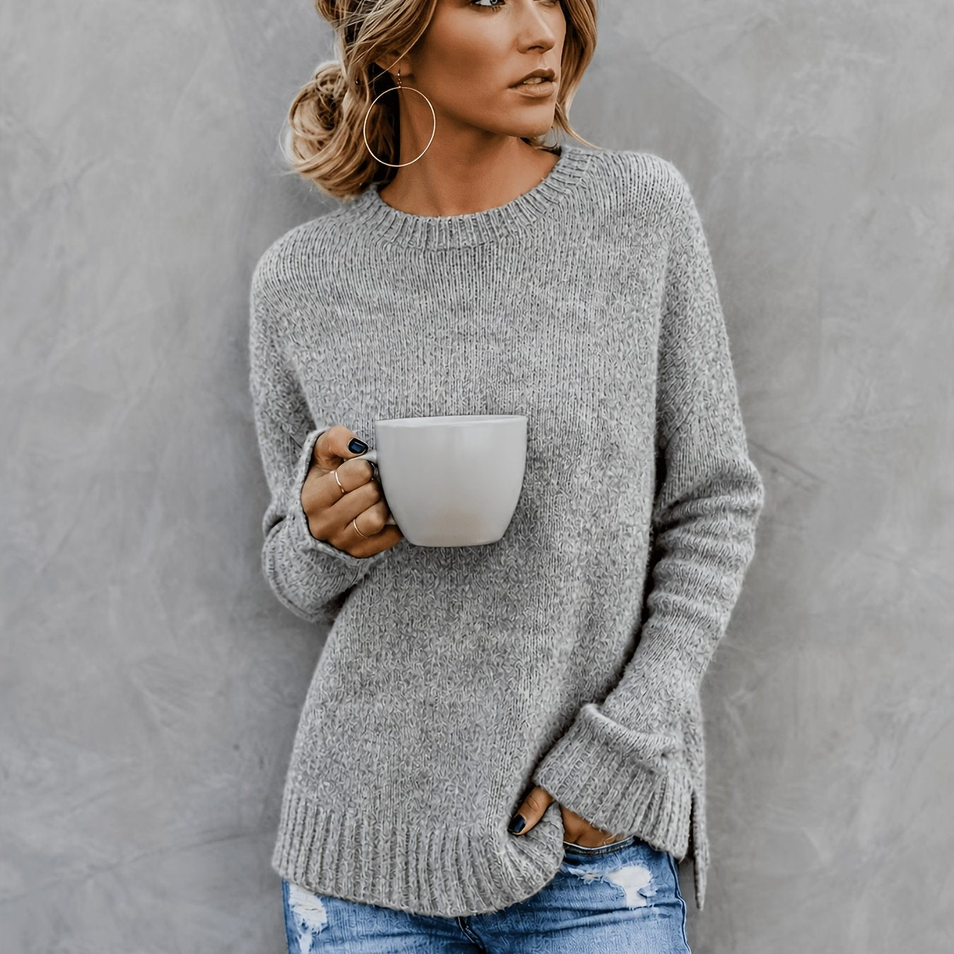 Women'S Casual Commuter Style Retro All-Match Short Front Long Back Slit Round Neck Long Sleeve Sweater Pullover