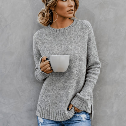 Women'S Casual Commuter Style Retro All-Match Short Front Long Back Slit Round Neck Long Sleeve Sweater Pullover