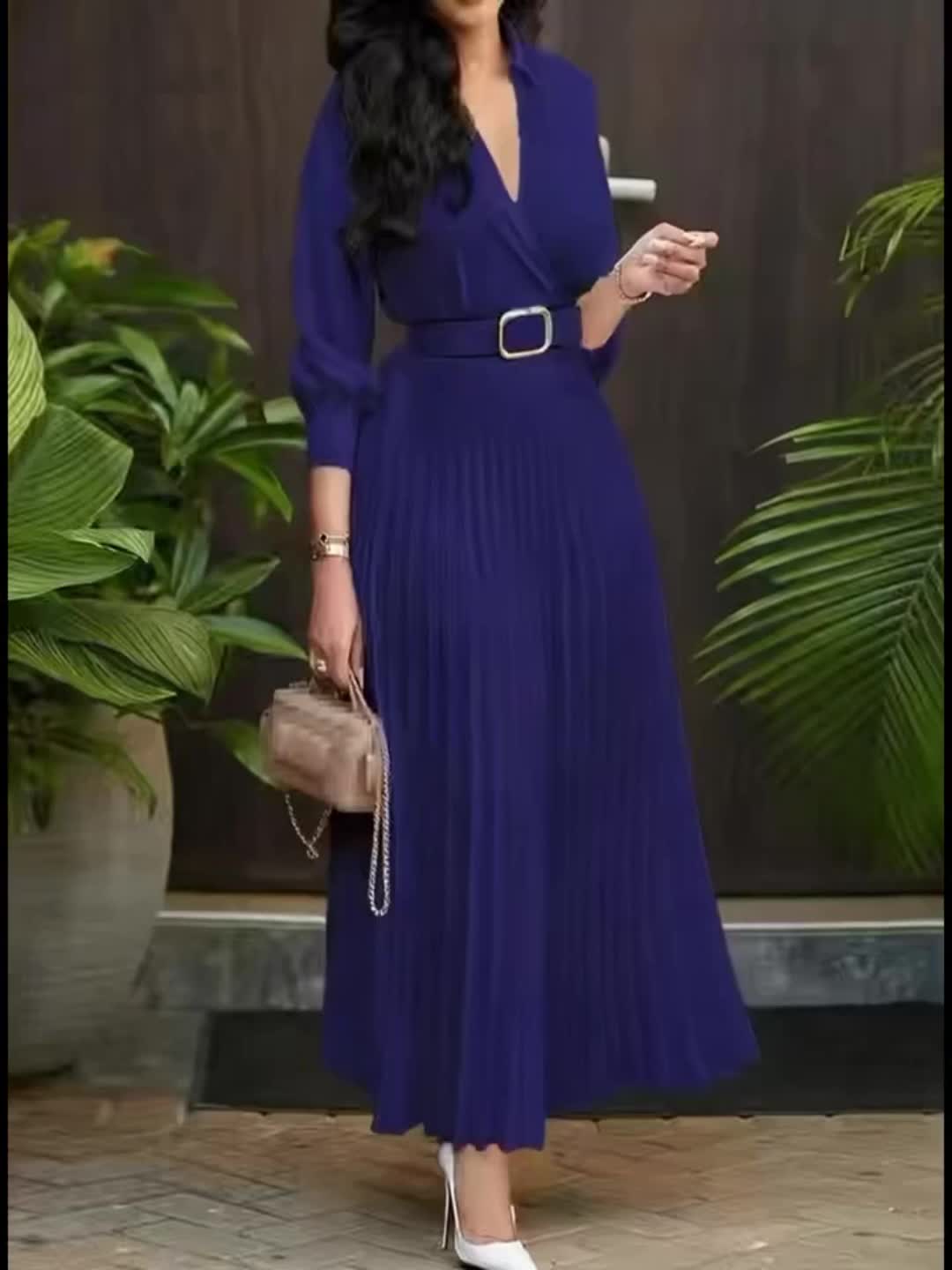 Spring/Summer Waist-Cinching Temperament Elegant Socialite Flared Solid Pleated Skirt with Belt Dress