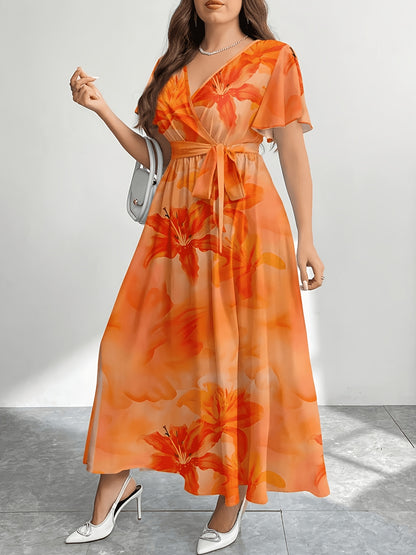 [Plus Size Summer Dress] Plus Size Women's Summer Dress | Printed Round Neck Short Sleeve Raglan Long | Christmas Set