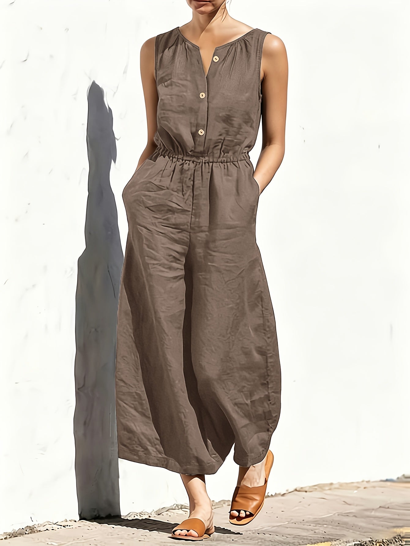 Commuting Style Navy Jumpsuit Sleeveless Button Waist Wide-Leg Casual Jumpsuit