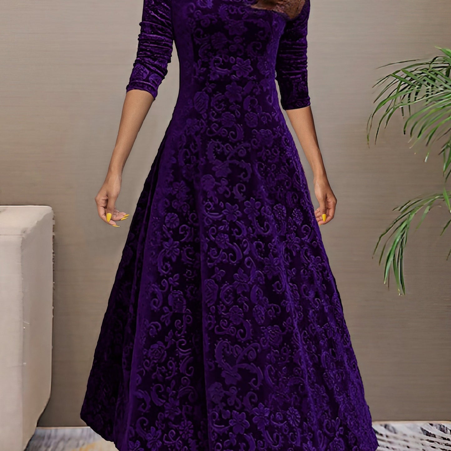 Directional - New And Thinning Large Swing Skirt Women'S Clothing Golden Velvet Long Sleeve Dress Long Style