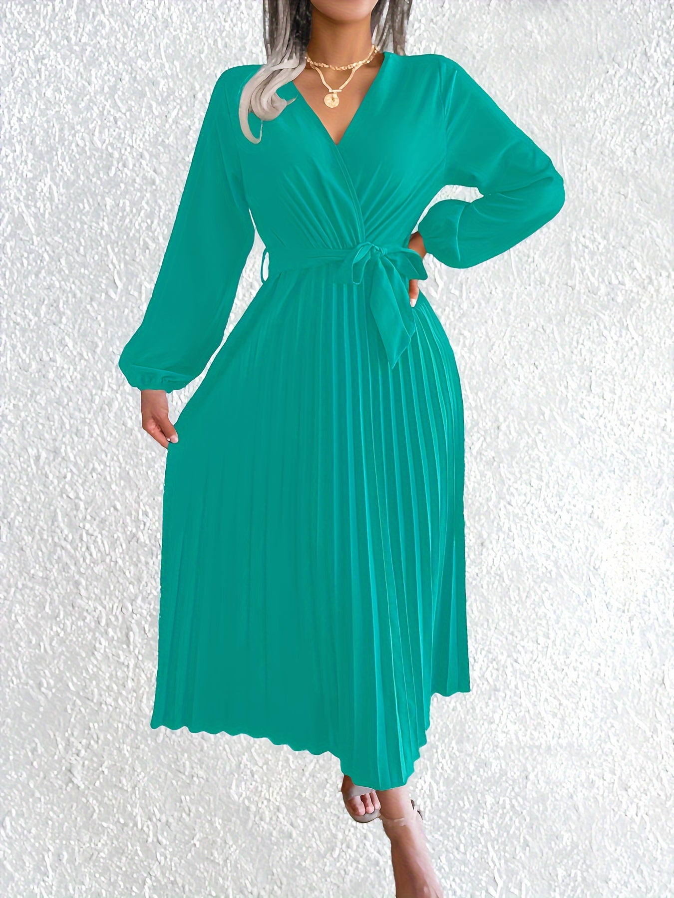Style Autumn Winter Western Ins Hot Item Temperament V-Neck Flared Pleated Maxi Dress