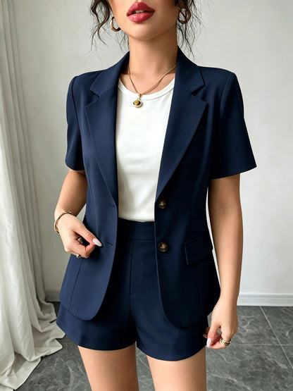 Elegant Casual Commuter Suit Set, Solid Color Short-Sleeve Blazer, Shorts/Wide-Leg Pants, Women's Spring/Summer Style