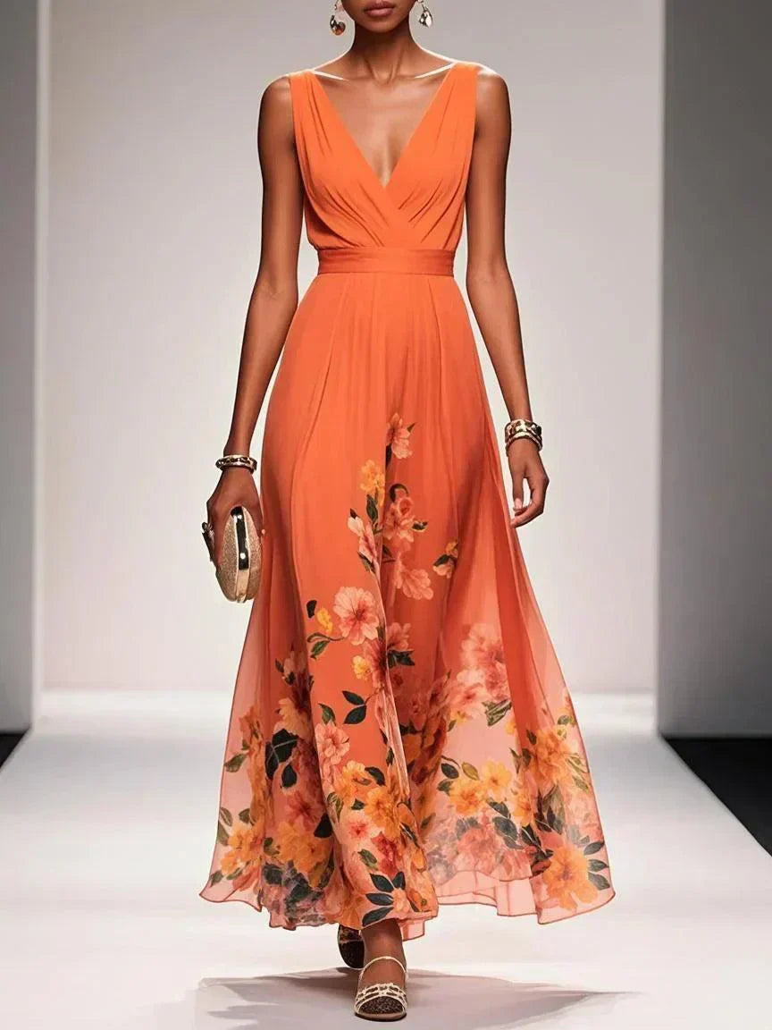 Elegant Floral Maxi Dress for Women with Deep V-Neck Sleeveless Formal Wedding Guest Style