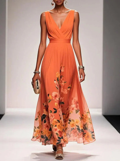 Elegant Floral Maxi Dress for Women with Deep V-Neck Sleeveless Formal Wedding Guest Style