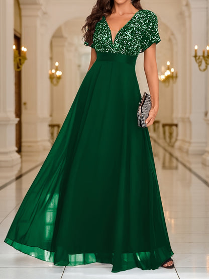 Sequin Spliced Formal Dress Elegant Prom Wedding Guest Gown, Contrast Sequin Chiffon Formal Dress, V-Neck Short Sleeve Sequin Patchwork Slim Fit Long Dress for Graduation Dress, Bride Dress, Birthday Women Outfits, Party Dress, Evening