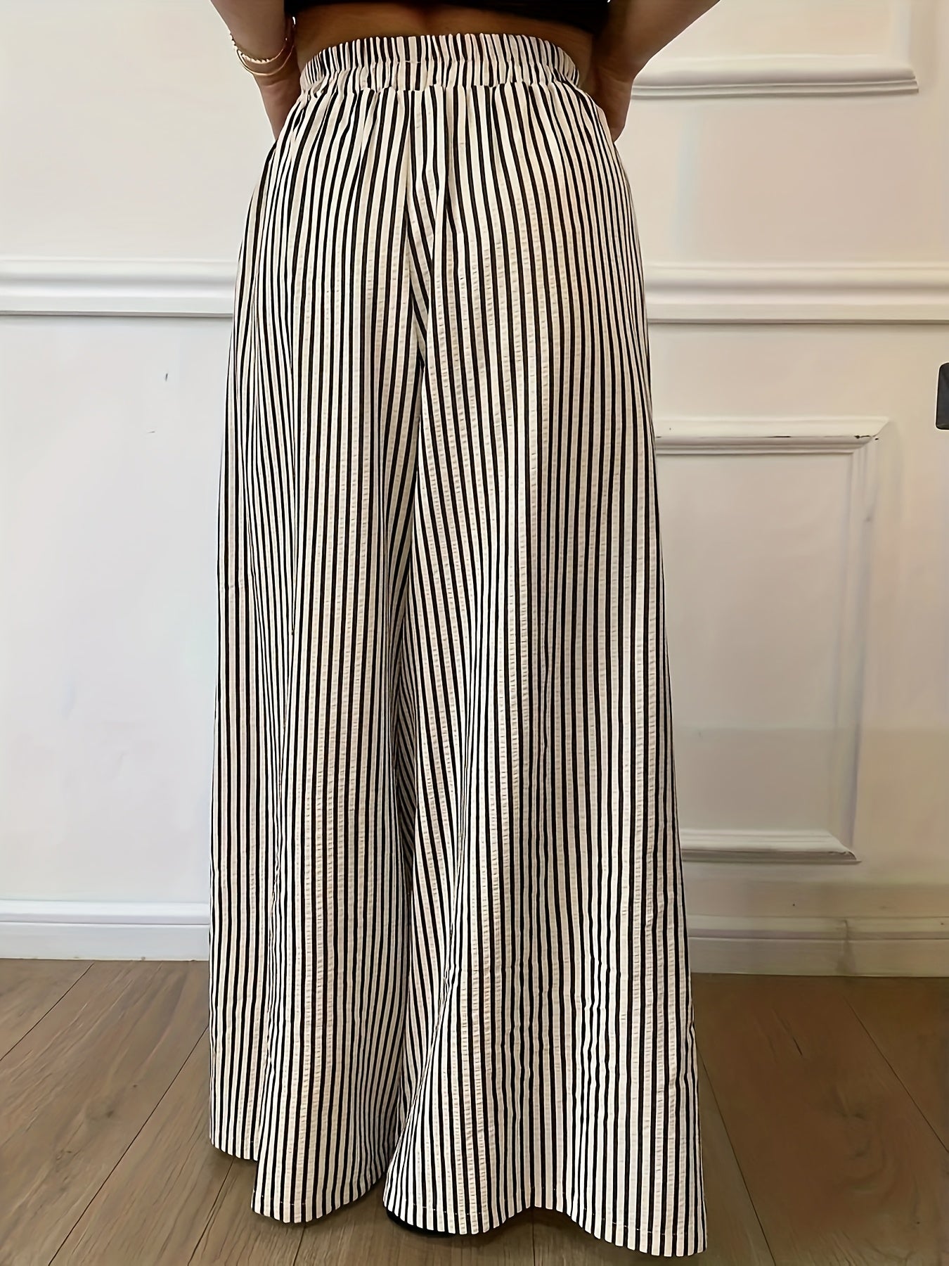 Striped Pocket Wide-Leg Pants for Women, Comfortable for All Seasons