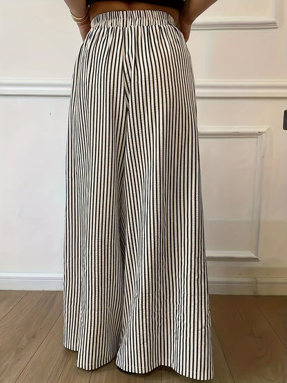 Striped Pocket Wide-Leg Pants for Women, Comfortable for All Seasons