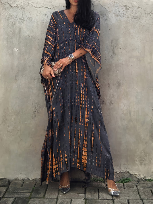 Effortless Tie Dye Kaftan Maxi Dress for Women with V Neck Bell Sleeve Flowing Bohemian Style