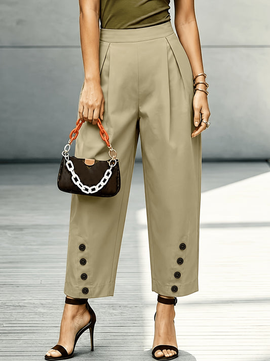 Effortless Khaki Pleated Pants for Women with High Waist Button Hem Tapered Relaxed Style