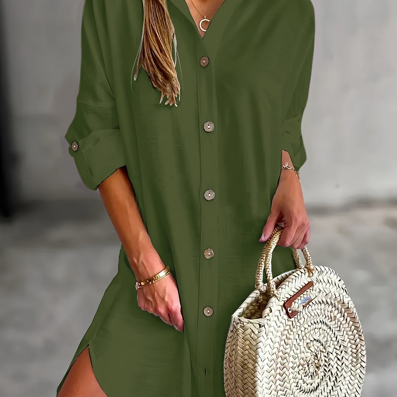 Chic Women's Long Sleeve Button-Up Shirt Dress - Casual Solid Color with Collar, Breathable Polyester, Perfect for Spring & Fall, Machine Washable