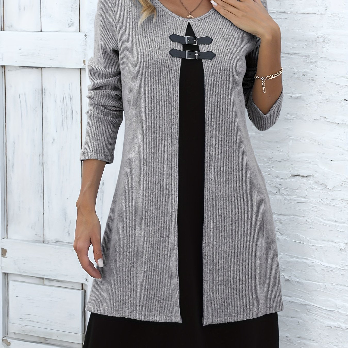 Autumn/Winter New Round Neck 2-in-1 Look Spliced Color-Block Women's Fashion Elegant Dress