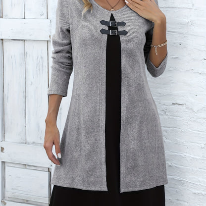 Autumn/Winter New Round Neck 2-in-1 Look Spliced Color-Block Women's Fashion Elegant Dress