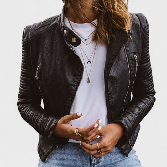 Elegant Black Leather Moto Jacket for Women with Stand Collar Long Sleeve Quilted Zipper Detail Style