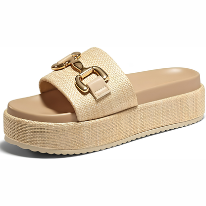 Comfortable Slide Sandals for Women with Woven Strap Gold Buckle Detail Platform Open Toe Style