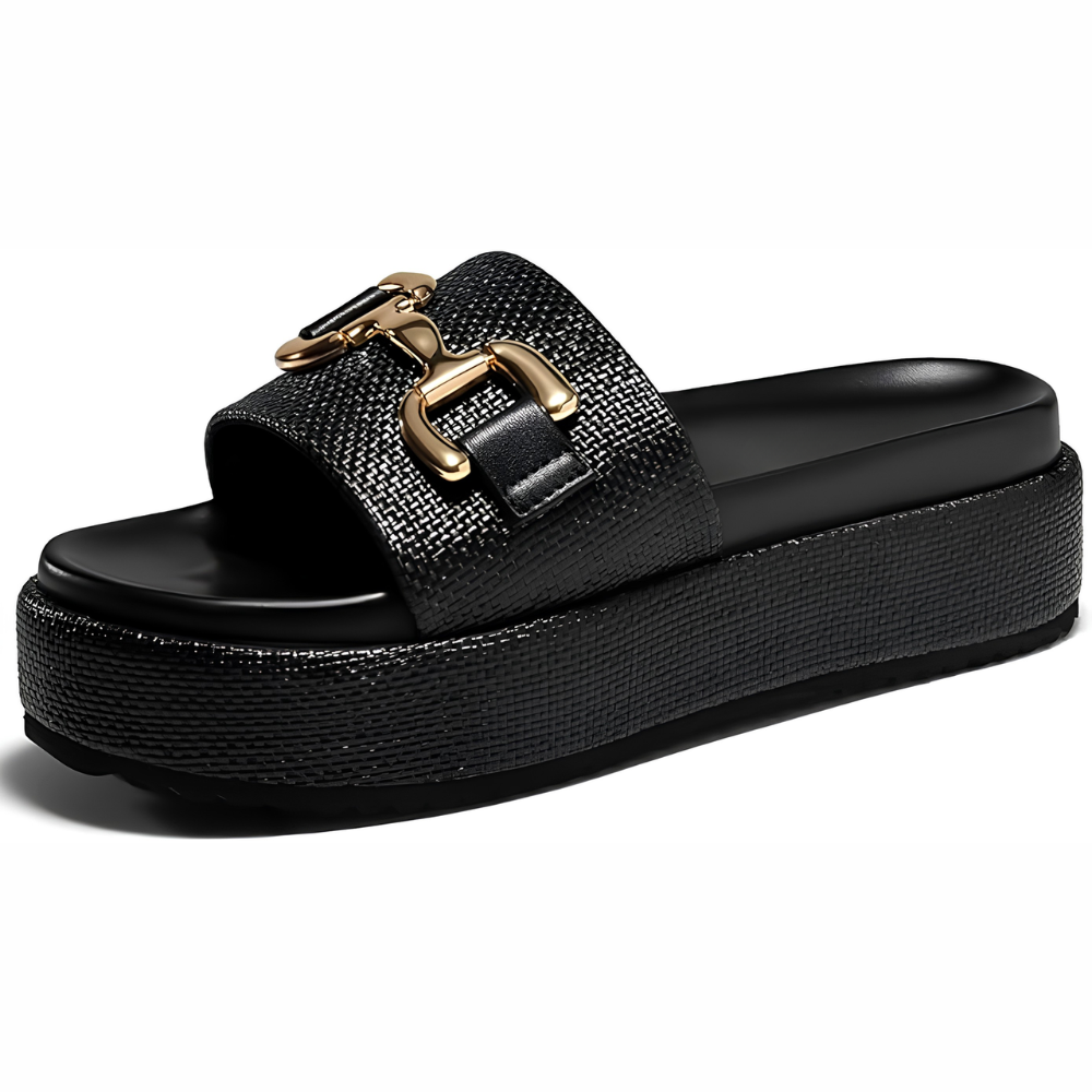 Comfortable Slide Sandals for Women with Woven Strap Gold Buckle Detail Platform Open Toe Style