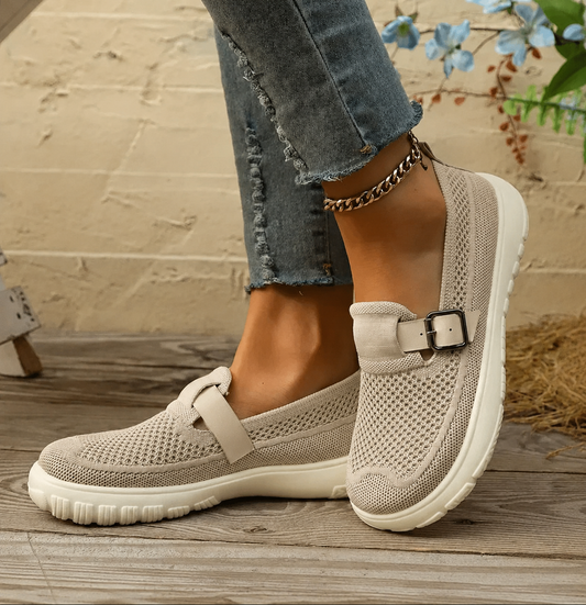 Comfortable Knit Mesh Sneaker for Women with Buckle Strap Platform Sole Casual Style