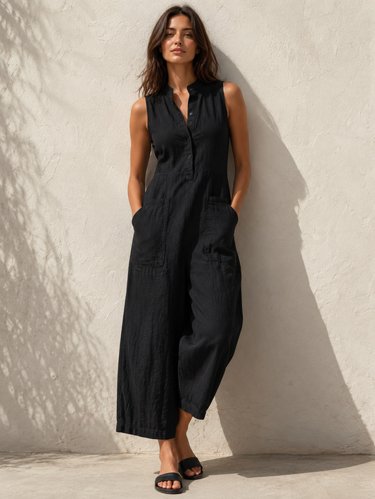 Effortless Linen Jumpsuit for Women with Band Collar Sleeveless Button Front Wide Leg Casual Style
