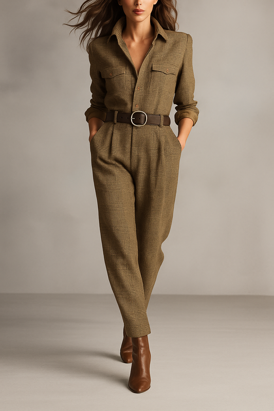 Elegant Brown Plaid Jumpsuit for Women with Collar Long Sleeve Belted Tapered Casual Style