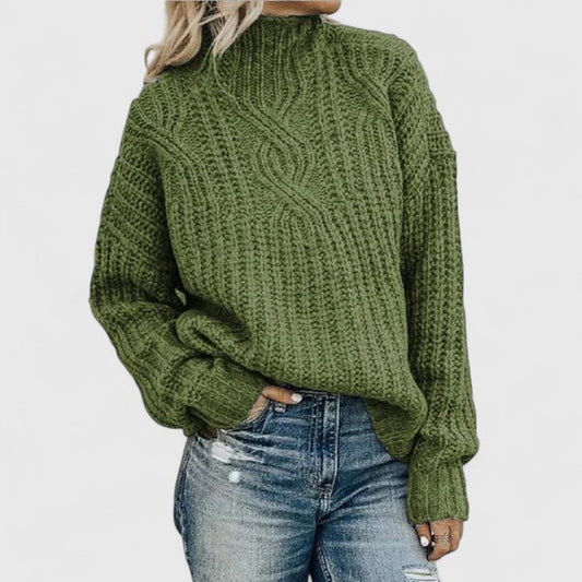 Comfortable Cable Knit Sweater for Women with Mock Neck Long Balloon Sleeve Relaxed Oversized Knit Style