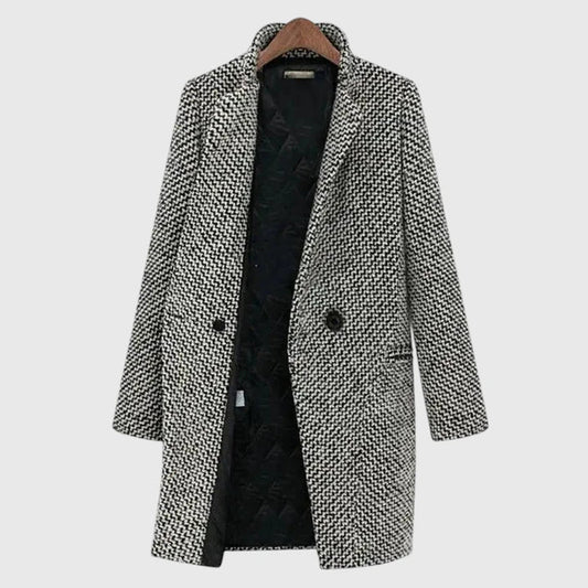 Elegant Gray Houndstooth Tweed Coat for Women with Notch Lapel Long Sleeve Longline Relaxed Casual Style
