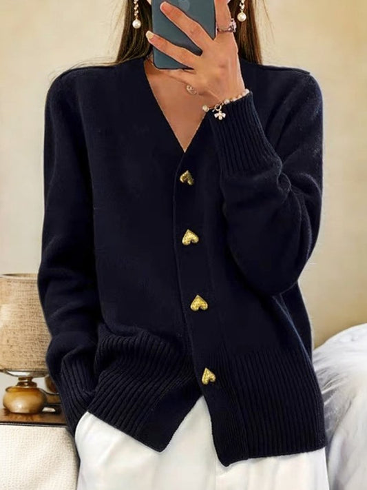 Comfortable Ribbed Knit Cardigan Sweater for Women with V Neck Long Sleeve Heart Button Relaxed Style